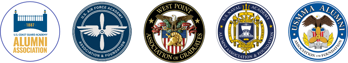 Seals of the five service academy alumni associations: Coast Guard, Air Force, West Point, Naval Academy and Merchant Marine Academy